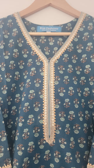 Blue Cotton Printed & Lace Detailing Straight Shape Kurta