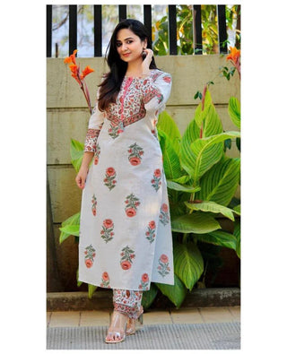 White Viscose Block Print Suit Set with Chanderi Cotton Dupatta