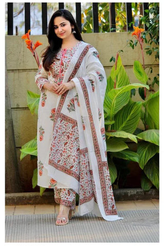 White Viscose Block Print Suit Set with Chanderi Cotton Dupatta