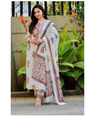 White Viscose Block Print Suit Set with Chanderi Cotton Dupatta