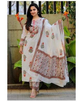 White Viscose Block Print Suit Set with Chanderi Cotton Dupatta