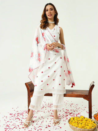 White Cotton Floral Embroidered Straight Shape Suit Set with Tebi Silk Dupatta