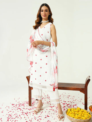 White Cotton Floral Embroidered Straight Shape Suit Set with Tebi Silk Dupatta