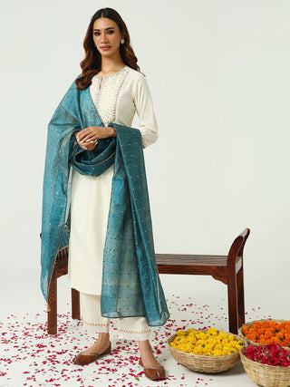 Off White Silk Blend Embroidered Nyra Cut Suit Set with Contrast Organza Dupatta