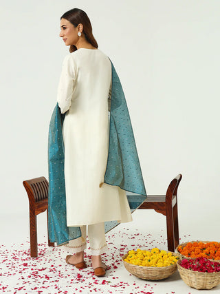 Off White Silk Blend Embroidered Nyra Cut Suit Set with Contrast Organza Dupatta