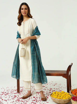 Off White Silk Blend Embroidered Nyra Cut Suit Set with Contrast Organza Dupatta