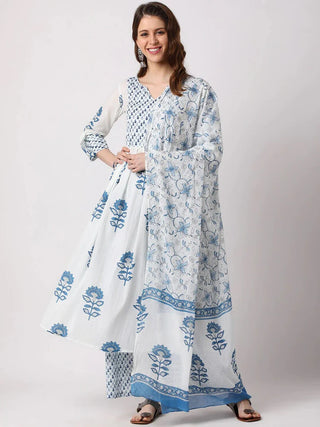 White Viscose Printed Anarkali Suit Set with Kota Doria Dupatta