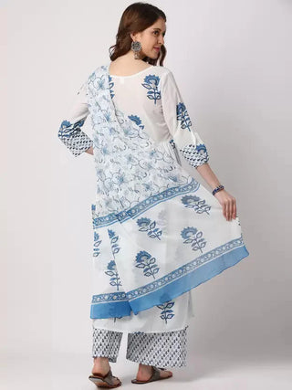 White Viscose Printed Anarkali Suit Set with Kota Doria Dupatta