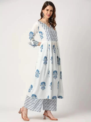 White Viscose Printed Anarkali Suit Set with Kota Doria Dupatta