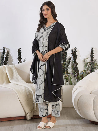 White & Black Pure Cotton Printed Straight Shape Suit Set with Dupatta