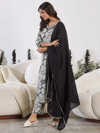 White & Black Pure Cotton Printed Straight Shape Suit Set with Dupatta