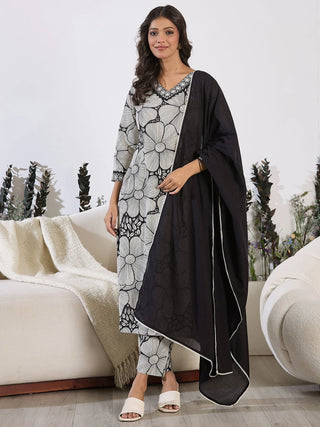 White & Black Pure Cotton Printed Straight Shape Suit Set with Dupatta