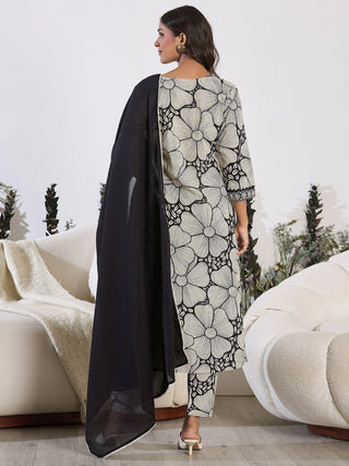 White & Black Pure Cotton Printed Straight Shape Suit Set with Dupatta