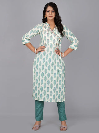 White & Blue Cotton Printed & Lace Detailing Kurta Pant Set