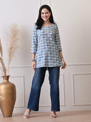 White & Blue Rayon Printed Short Kurta