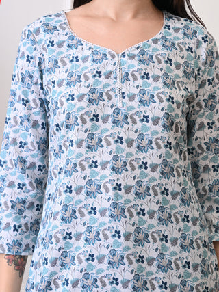 White & Blue Rayon Printed Short Kurta