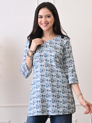 White & Blue Rayon Printed Short Kurta