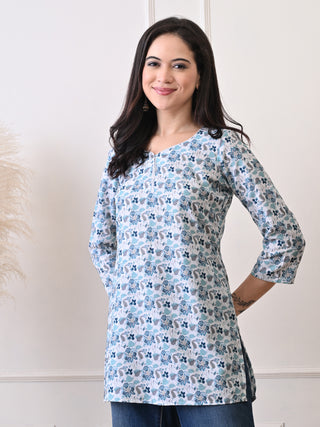 White & Blue Rayon Printed Short Kurta