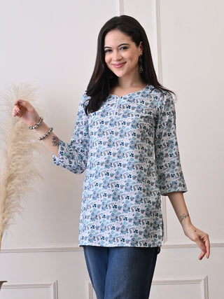 White & Blue Rayon Printed Short Kurta