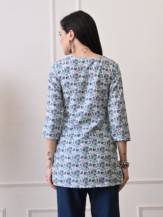 White & Blue Rayon Printed Short Kurta