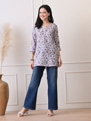 White & Multi Color Rayon Printed Short Kurta