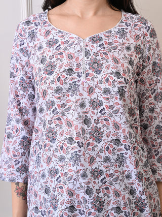 White & Multi Color Rayon Printed Short Kurta