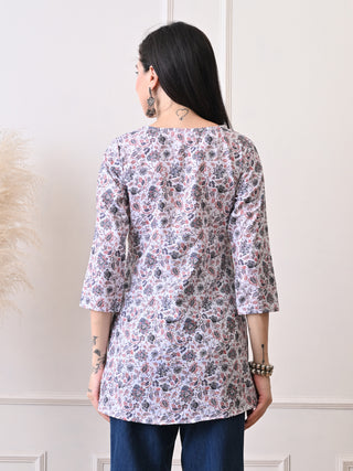 White & Multi Color Rayon Printed Short Kurta