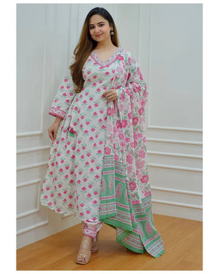 White & Pink Viscose A Line Block Print Suit Set with Chanderi Cotton Dupatta