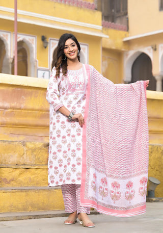 White & Pink Viscose Printed & Embroidered Suit Set with Chanderi Cotton Dupatta