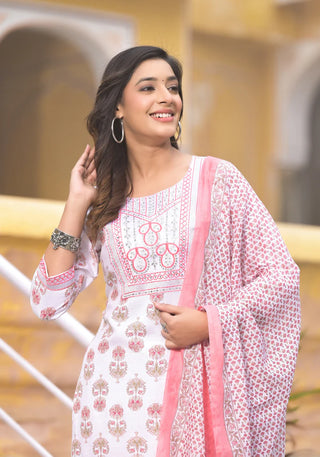 White & Pink Viscose Printed & Embroidered Suit Set with Chanderi Cotton Dupatta