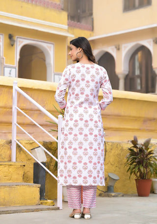 White & Pink Viscose Printed & Embroidered Suit Set with Chanderi Cotton Dupatta