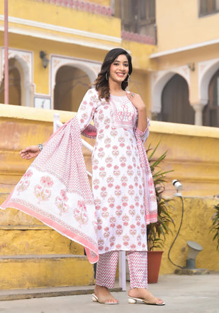 White & Pink Viscose Printed & Embroidered Suit Set with Chanderi Cotton Dupatta