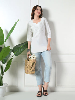 White Rayon Embroidered Short Kurta