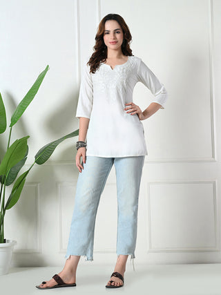 White Rayon Embroidered Short Kurta