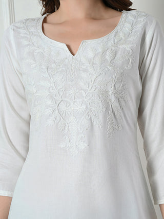 White Rayon Embroidered Short Kurta