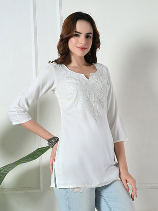 White Rayon Embroidered Short Kurta
