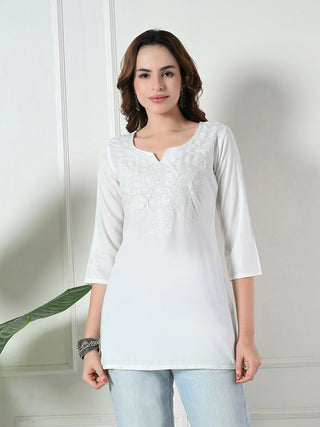 White Rayon Embroidered Short Kurta