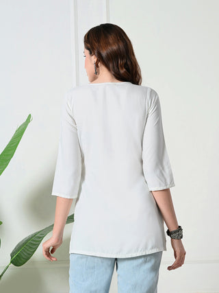 White Rayon Embroidered Short Kurta
