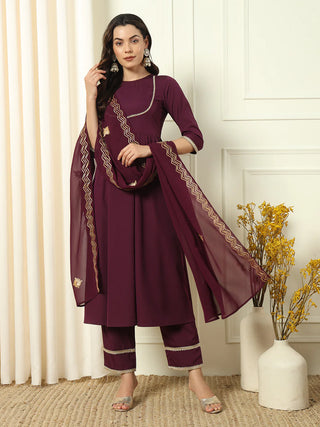 Wine Crepe Lace Detailing Suit Set with Dupatta