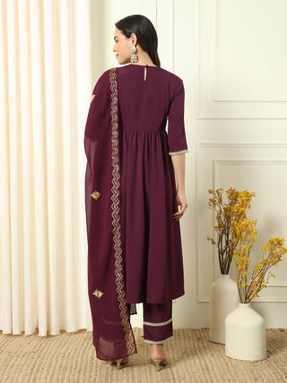 Wine Crepe Lace Detailing Suit Set with Dupatta