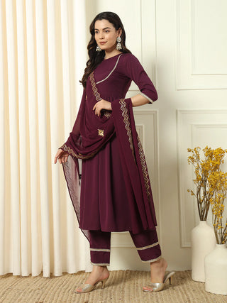 Wine Crepe Lace Detailing Suit Set with Dupatta