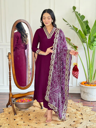 Wine Viscose Chanderi Embroidered Suit Set with Silk Blend Dupatta