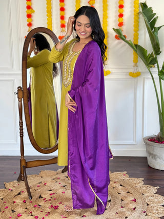 Yellow Rayon Slub Embroidered Suit Set with Purple Chinon Dupatta