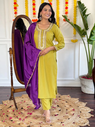 Yellow Rayon Slub Embroidered Suit Set with Purple Chinon Dupatta