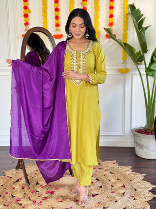 Yellow Rayon Slub Embroidered Suit Set with Purple Chinon Dupatta