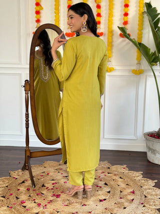 Yellow Rayon Slub Embroidered Suit Set with Purple Chinon Dupatta