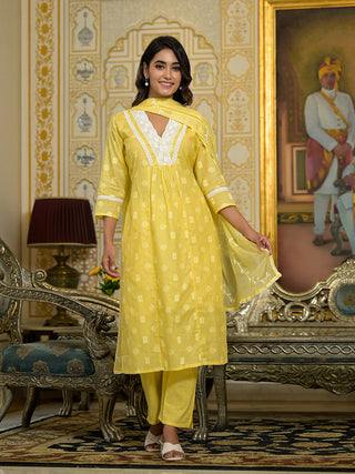 Yellow Cotton Thread Embroidered & Printed A Line Suit Set with Cotton Blend Dupatta