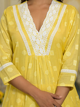 Yellow Cotton Thread Embroidered & Printed A Line Suit Set with Cotton Blend Dupatta