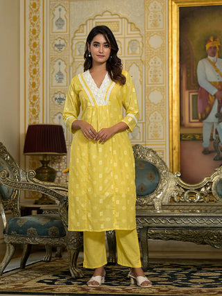 Yellow Cotton Thread Embroidered & Printed A Line Suit Set with Cotton Blend Dupatta