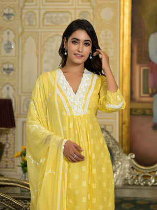 Yellow Cotton Thread Embroidered & Printed A Line Suit Set with Cotton Blend Dupatta